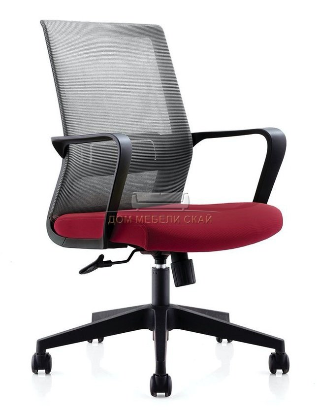 Кресло офисное Интер LB, черный пластик/серая сетка/вишневая ткань