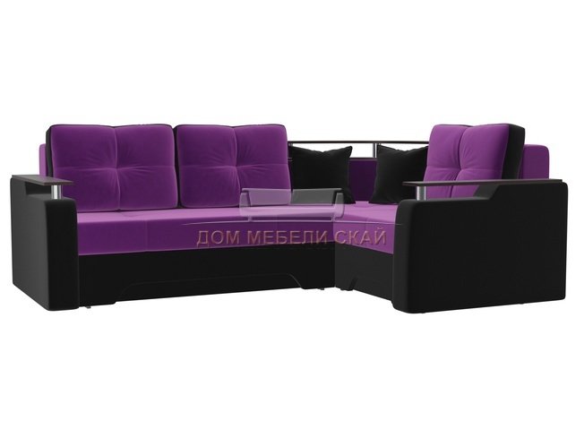 Угловой диван-кровать правый Комфорт, фиолетовый/черный/микровельвет