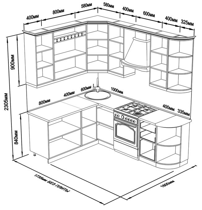 Угловые кухни размеры и чертежи