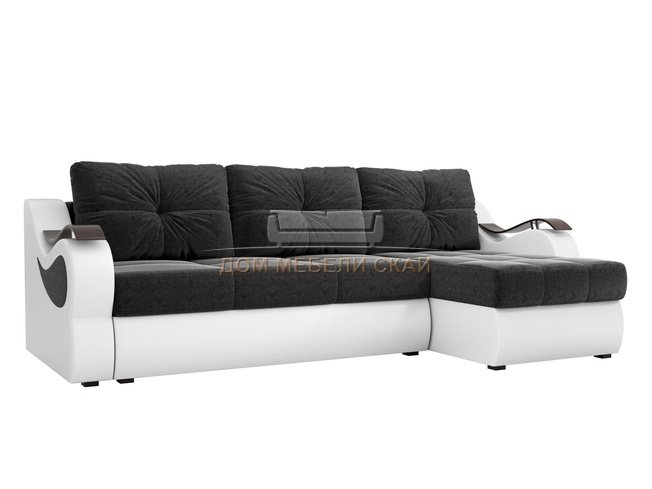 Угловой диван-кровать правый Меркурий, черный/белый/микровельвет/экокожа