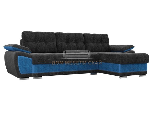 Угловой диван-кровать правый Нэстор, черный/голубой/велюр