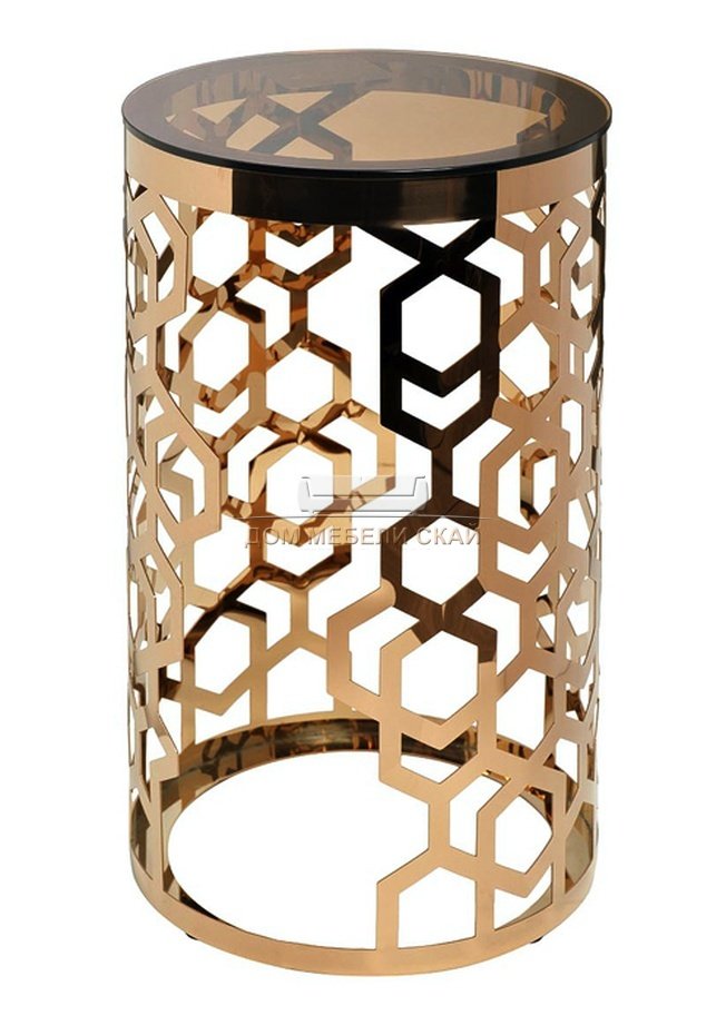 Журнальный стол круглый высокий с коричневым стеклом 13RXFS3053-GOLD