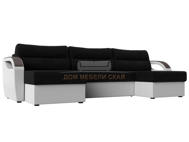 П-образный угловой диван Форсайт, черный/белый/микровельвет/экокожа