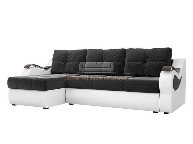 Угловой диван-кровать левый Меркурий, черный/белый/микровельвет/экокожа