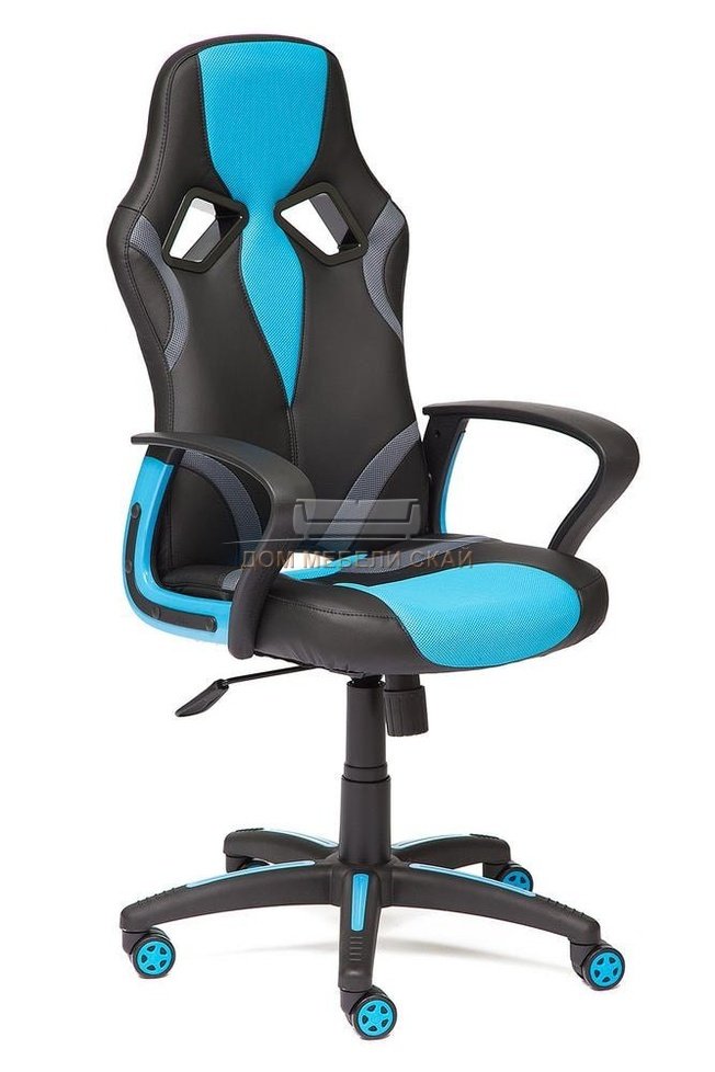 Кресло офисное Ранер Runner, черная экокожа/голубая сетка