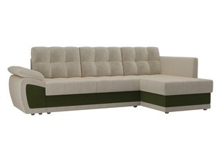 Угловой диван-кровать правый Нэстор прайм, бежевый/зеленый/микровельвет