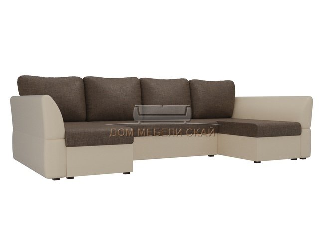 П-образный угловой диван Гесен, коричневый/бежевый/рогожка/экокожа