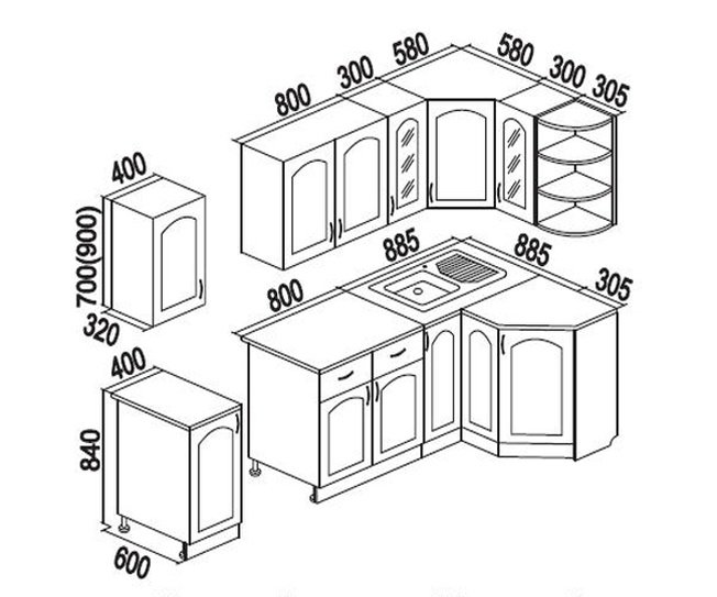 Кухня с угловой мойкой размеры чертежи