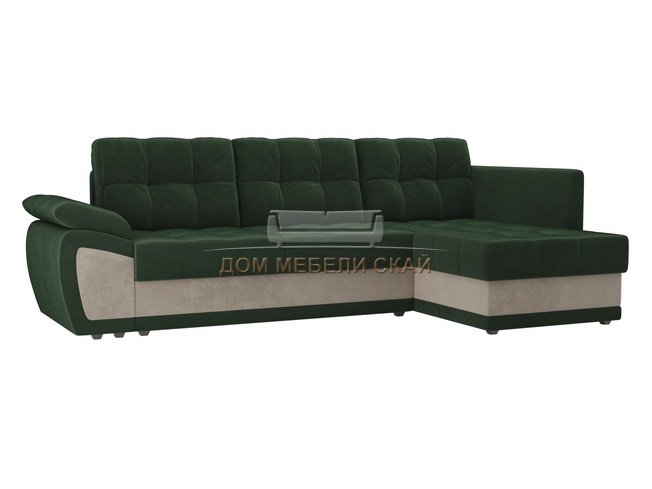 Угловой диван-кровать правый Нэстор прайм, зеленый/бежевый/велюр