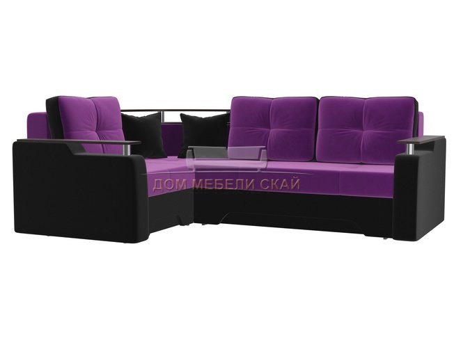 Угловой диван-кровать левый Комфорт, фиолетовый/черный/микровельвет