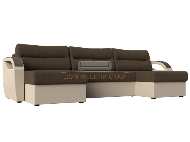 П-образный угловой диван Форсайт, коричневый/бежевый/рогожка/экокожа