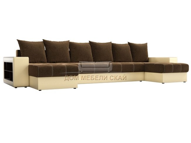 П-образный угловой диван Дубай, коричневый/бежевый/микровельвет/экокожа