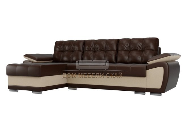 Угловой диван-кровать левый Нэстор, коричневый/бежевый/экокожа/рогожка