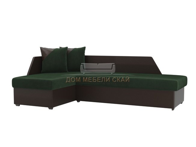 Угловой диван-кровать левый Андора, зеленый/коричневый/велюр/экокожа