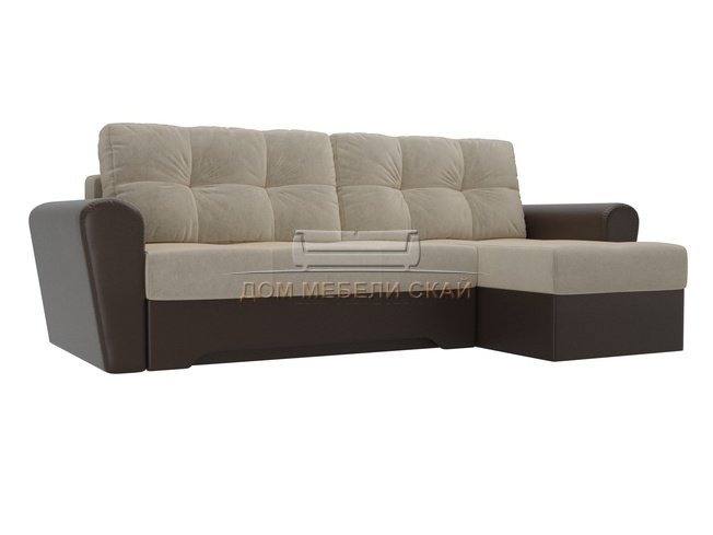Угловой диван-кровать правый Амстердам, бежевый/коричневый/микровельвет/экокожа