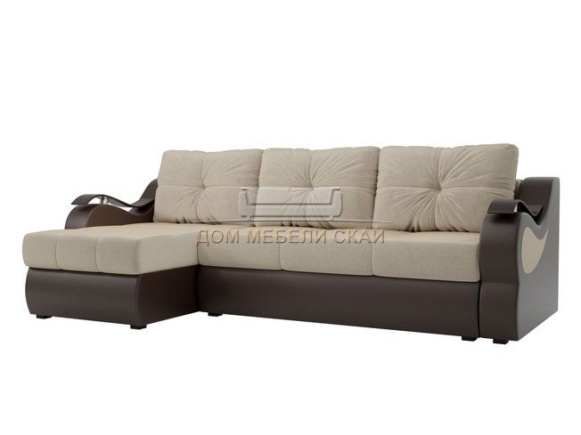 Угловой диван-кровать левый Меркурий, бежевый/коричневый/микровельвет/экокожа
