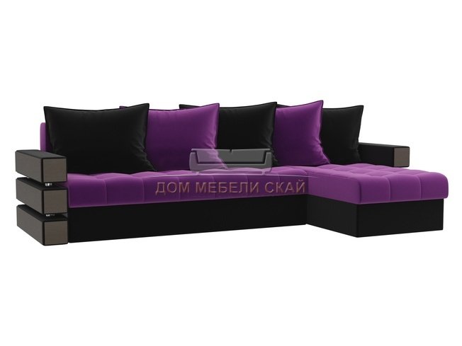 Угловой диван-кровать правый Венеция, фиолетовый/черный/микровельвет
