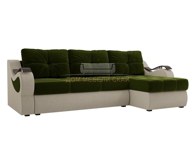 Угловой диван-кровать правый Меркурий, зеленый/бежевый/микровельвет