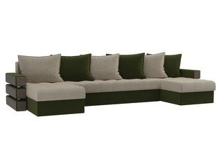 П-образный угловой диван Венеция, бежевый/зеленый/микровельвет