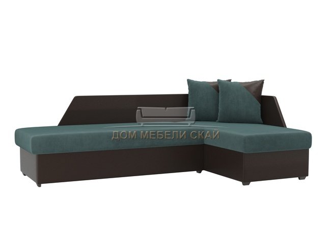 Угловой диван-кровать правый Андора, бирюзовый/коричневый/велюр/экокожа