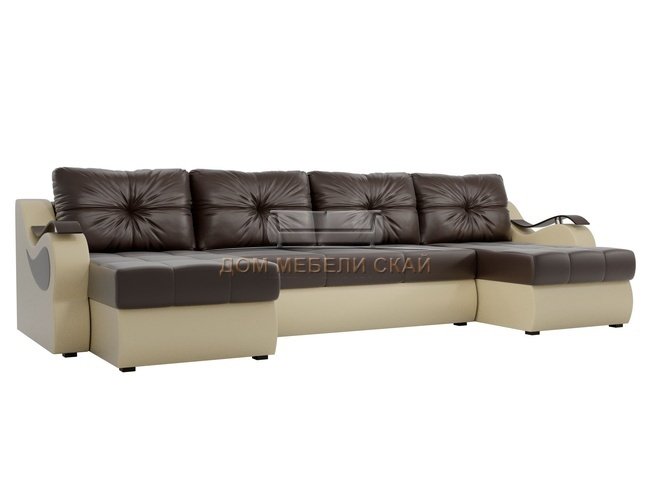 П-образный угловой диван Меркурий, коричневый бежевый/экокожа