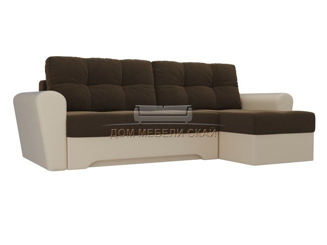 Угловой диван-кровать правый Амстердам, коричневый/бежевый/микровельвет/экокожа