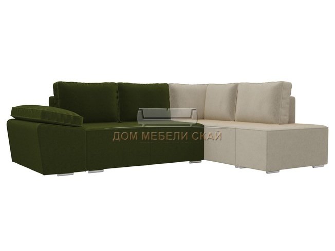 Угловой диван-кровать правый Хавьер, зеленый/бежевый/микровельвет