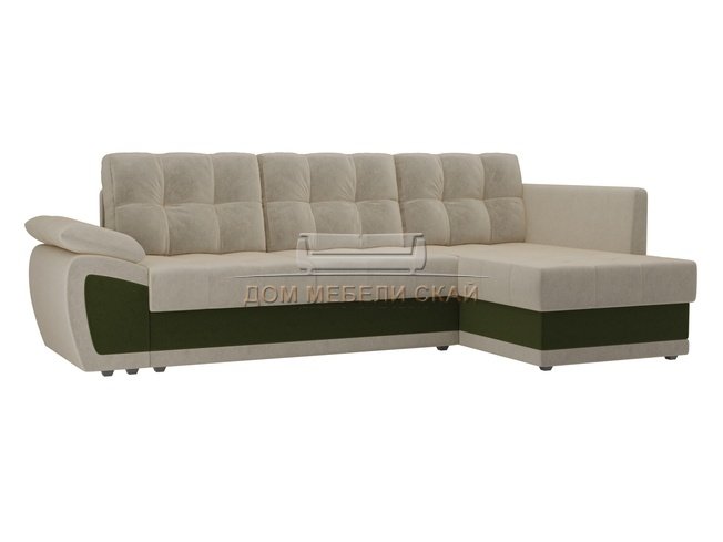 Угловой диван-кровать правый Нэстор прайм, бежевый/зеленый/микровельвет