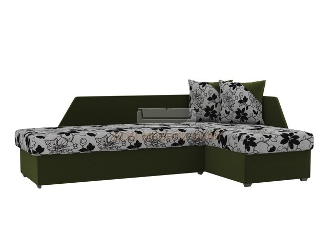 Угловой диван-кровать правый Андора, цветы/зеленый/флок на рогожке/микровельвет