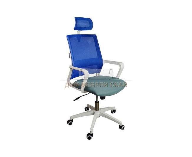 Кресло офисное Бит, белый пластик/cиняя сетка/темно-серая ткань