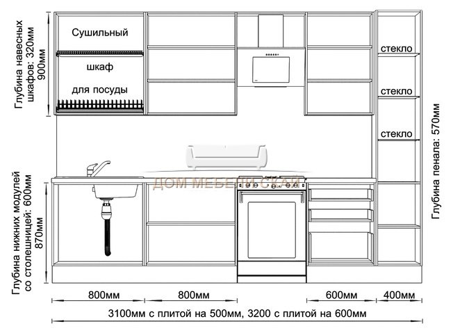 Кухни 3200 прямая проект