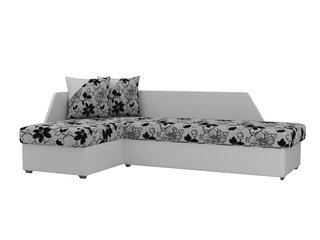 Угловой диван-кровать левый Андора, цветы/белый/флок на рогожке/экокожа