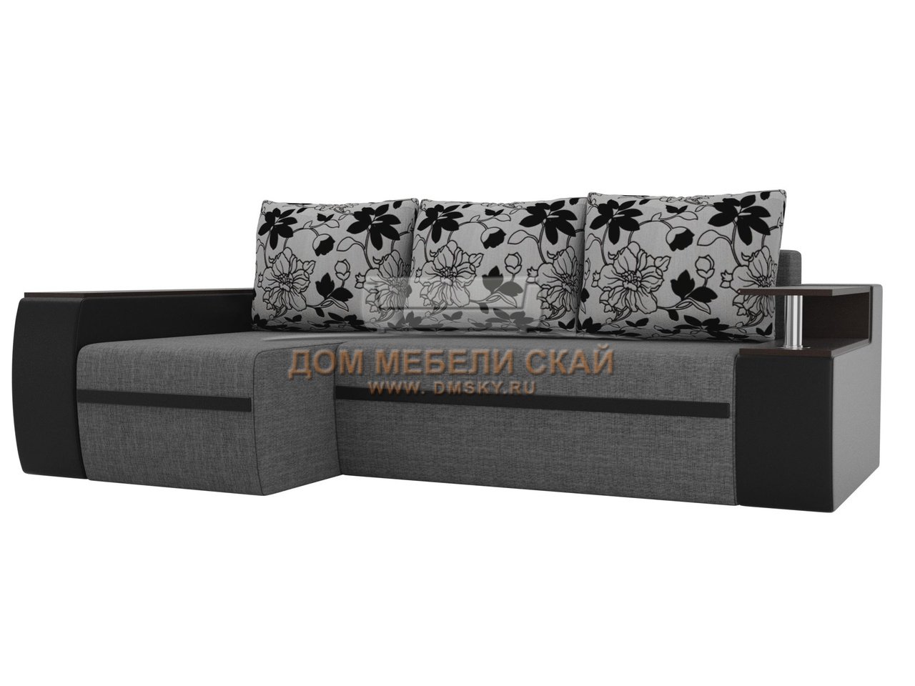 Угловой диван-кровать левый Ричмонд, серый/черный/цветы/рогожка/экокожа/флокна рогожке - купить в Москве недорого по цене 51 990 руб. (арт. B10026271)