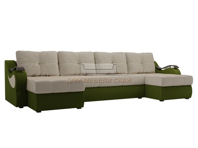 П-образный угловой диван Меркурий, бежевый/зеленый/микровельвет