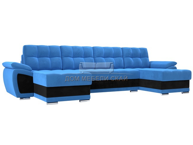 П-образный угловой диван Нэстор, голубой/черный/велюр