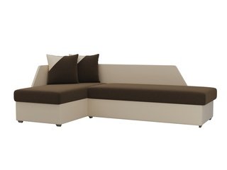 Угловой диван-кровать левый Андора, коричневый/бежевый/микровельвет/экокожа