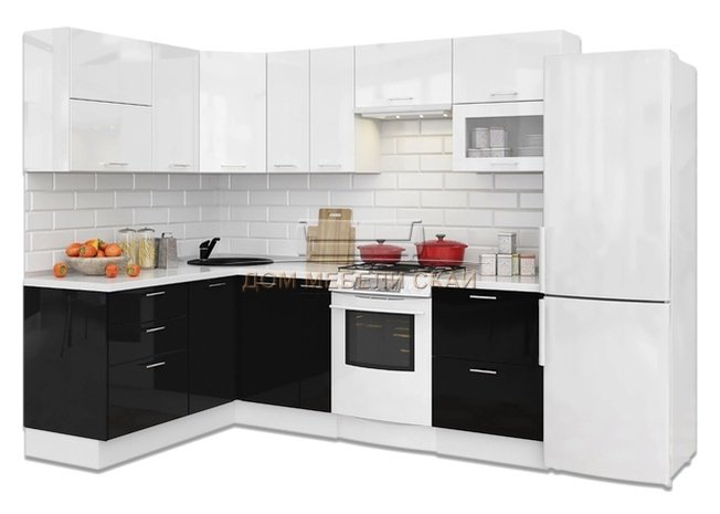 Кухня Модерн угловая 1600x2400, черно-белый глянец