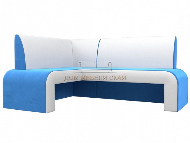 Кухонный угловой диван левый Кармен, голубой/белый/велюр/экокожа