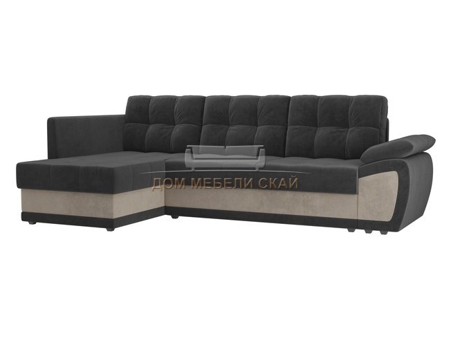 Угловой диван-кровать левый Нэстор прайм, серый/бежевый/велюр