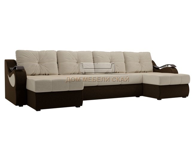 П-образный угловой диван Меркурий, бежевый/коричневый/микровельвет