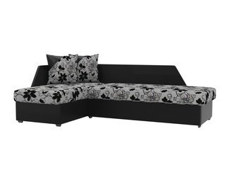 Угловой диван-кровать левый Андора, цветы/черный/флок на рогожке/экокожа