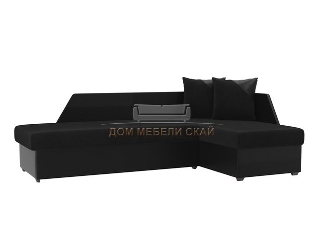 Угловой диван-кровать правый Андора, черный/черный/велюр/экокожа