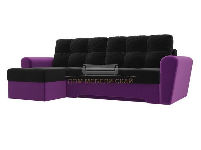 Угловой диван-кровать левый Амстердам, черный/фиолетовый/микровельвет