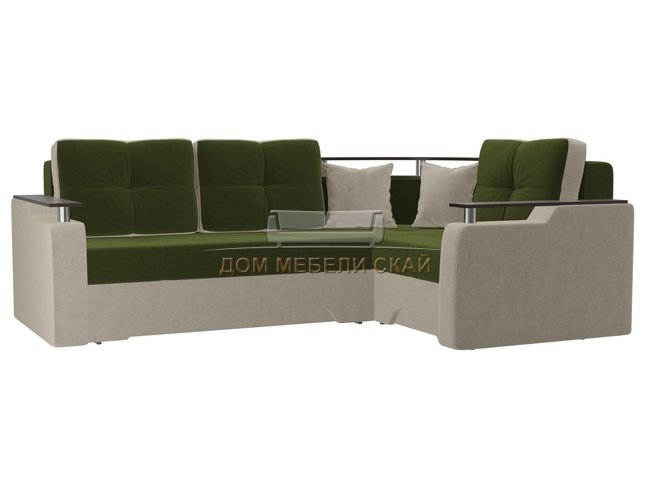Угловой диван-кровать правый Комфорт, зеленый/бежевый/микровельвет