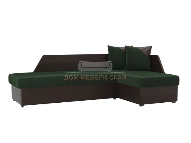 Угловой диван-кровать правый Андора, зеленый/коричневый/велюр/экокожа