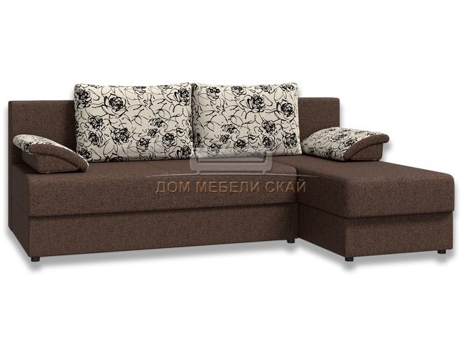 Угловой диван-кровать Лира без боковин, коричневый/рогожка/флок розы