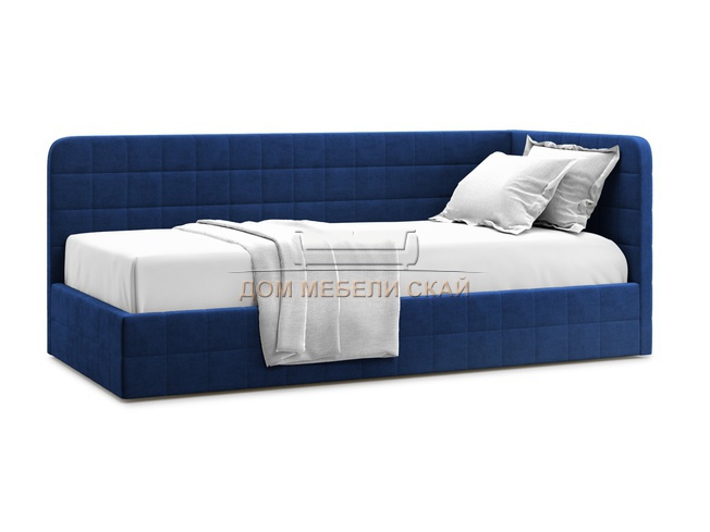 Кровать-кушетка мягкая Tichina 90x200 с ПМ, правая/синий велюр velutto 26