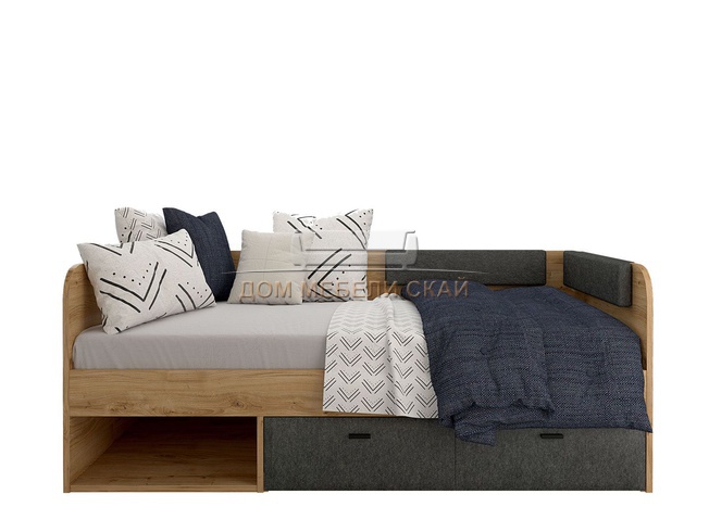 Кровать односпальная 90x200 GRACE Грейс LOZ90 с мягким элементом, дуб наварра/графит/рогожка серая