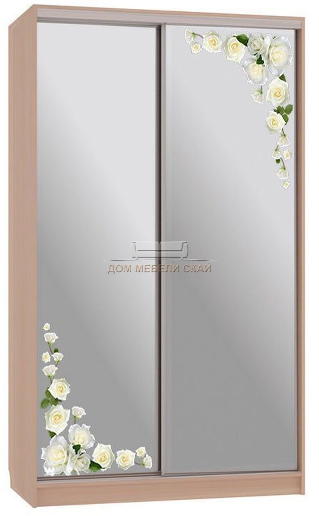 Шкаф-купе 2-дверный зеркальный Рио 4-600, дуб млечный/розы