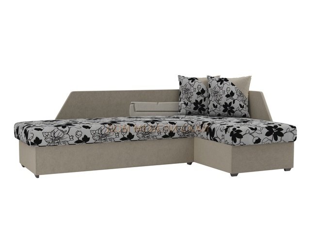Угловой диван-кровать правый Андора, цветы/бежевый/флок на рогожке/микровельвет